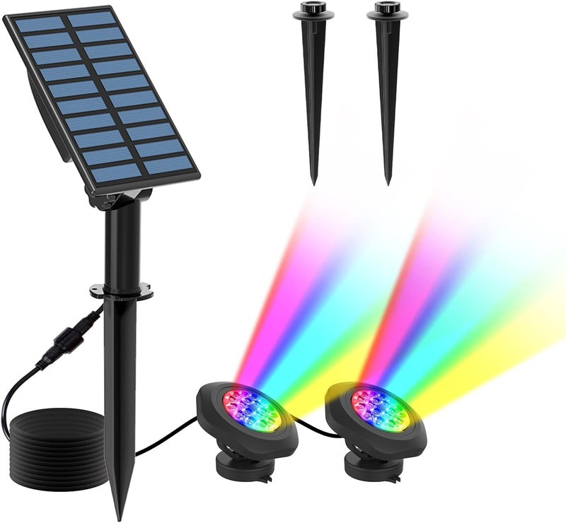 T-SUN Solar Pond Lights, IP68 Waterproof RGB LED Submersible Lights, 2-in-1 Floating & Stake Modes, Underwater Fountain Light for Garden, Pool, Fish Tank, Outdoor Pond Decoration - Image 1
